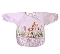 Kiokids | Babero Impermeable Con Mangas | Colección Dolci Amici | Incluye Bolsillo Recogemigas | 100% PEVA Suave y Cómodo | Ideal para Comidas, Manualidades y Guardería | Conejo y Lavanda