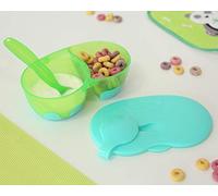 Kiokids Cuenco Doble Antideslizante Con Tapa Y Cuchara En Azul Y Verde