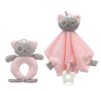 KIOKIDS Juego de sonajero y gatito rosa Doudou | Te ayuda a conciliar el sueño | Mordedor | Material suave: poliéster y EVA | Contiene sonajero súper suave | rosa
