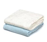 Kiokids | Set 2 Muselinas Azul y Blanco Estampado | Colección Petit Moments | 70% Bambú y 30% Algodón | Ultra Suaves | Antibacterianas y Termo Climáticas | Protector Rayos UV |+0 Meses | 120x120cm