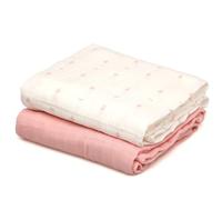 Kiokids | Set 2 Muselinas Rosa y Blanco Estampado | Colección Petit Moments | 70% Bambú y 30% Algodón | Ultra Suaves | Antibacterianas y Termo Climáticas | Protector Rayos UV |+0 Meses | 120x120cm