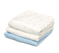 Kiokids | Set 3 Muselinas Azul, Blanco y Estampado | Colección Petit Moments | 70% Bambú y 30% Algodón | Ultra Suaves | Antibacterianas y Termo Climáticas | Protector Rayos UV |+0 Meses | 70cm x 70cm