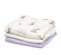 Kiokids | Set 3 Muselinas Conejitos, Lavanda y Blanco | Colección Petit Moments | 70% Bambú y 30% Algodón | Ultra Suaves | Antibacterianas y Termo Climáticas | Protector Rayos UV | +0 Meses | 70x70cm