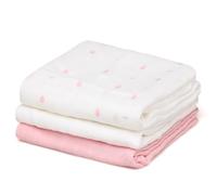 Kiokids | Set 3 Muselinas Rosa, Blanco y Estampado | Colección Petit Moments | 70% Bambú y 30% Algodón | Ultra Suaves | Antibacterianas y Termo Climáticas | Protector Rayos UV |+0 Meses | 70cm x 70cm