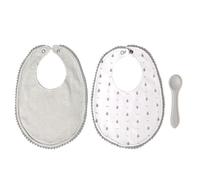 Kiokids | Set Gris de 2 Baberos y Cuchara de Silicona | Baberos Impermeables con Recoge-Migas y Cierre Ajustable | Cuchara Suave y Flexible | Lavable, Reutilizable y Unisex | Apto desde 6 Meses