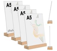 kiptyg 4 Piezas Expositor Metacrilato A5 Transparente con Base de Madera-Soporte para Menús, Carteles,Precios y Fotos-Doble Ranura (Vertical/Inclinado) Ideal para Bares, Restaurantes,Tiendas