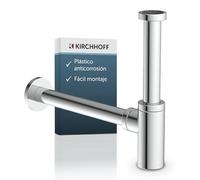Kirchhoff Sifón de diseño, desagüe, sifón para baño de plástico anticorrosión, sifón para lavabo y lavabo, tapón de olor con apertura de limpieza, sifón para botellas, 98803818, cromado