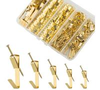 KIRZAX 120 Piezas Ganchos para Cuadros con Clavos,Ganchos Marcos Fotos de Acero Inoxidable,Alta Resistencia Foto Ganchos,para Colgar Fotos, Lienzo, Reloj, Espejo, Cuadros de Oficina(5 Tamaños, Dorado)