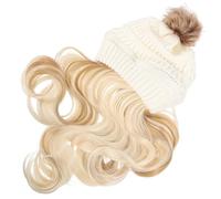 Kisangel Gorro Blanco con Pelo Largo Ondulado Desmontable para Mujer | Lana y Seda Térmica, sin Cinta ni Pegamento, Aspecto Realista, Uso como Beanie