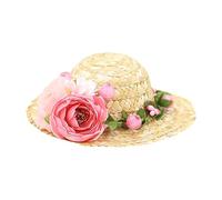 Kisangel Sombrero Tejido De Paja para Perro Flores Rosas, Talla S, Accesorio Ligero y Confortable para Fiestas y Fotografía De Mascotas
