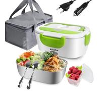 kisidus Fiambrera eléctrica 12V/24V/220V, Tartera Comida Trabajo de 1.5L, acero inoxidable, recipiente para alimentos, para el hogar y el coche, con tenedor y cuchara