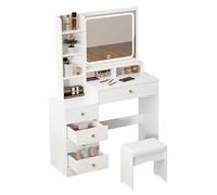kiskick Escritorio de tocador con espejo y luces, pequeño tocador de maquillaje y taburete, 5 cajones y 6 estantes, tocador con 3 luces ajustables de color, tocador blanco y blanco