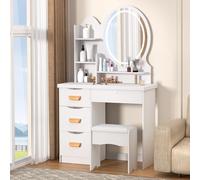 kiskick Escritorio de tocador de maquillaje con espejo iluminado LED, tocador con ajuste de brillo, luz de 3 colores, mesa de tocador para dormitorio con 4 cajones y taburete acolchado, color blanco