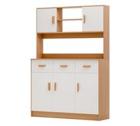 kiskick Pantry - Armario de almacenamiento para cocina con 3 cajones, 5 puertas y estantes abiertos, armario de almacenamiento independiente con soporte para microondas, armario tipo buffet de madera
