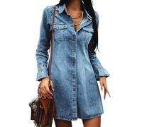 kiskick Vestido de mujer con botones para mujer, otoño, primavera, solapa de un solo botonadura, manga larga, bolsillos de parche, manga de cuerno suelto, color sólido, vintage, mini mujer, azul, XL