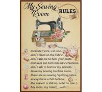 kisoyo Letrero de metal vintage con texto en inglés «My Sewing Room Rules Measure Twice Cut One Don't Bleed On The Fabric» de aluminio para decoración de pared del hogar, café, 12 x 16 pulgadas