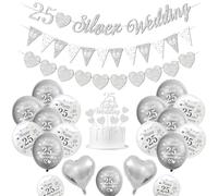 KISPATTI Decoraciones boda plata, decoraciones aniversario boda 25 pancarta boda plata 25 Globos Happy 25th Anniversary Globos blancos plateados Globos corazón 25 Silver Wedding Cake Topper