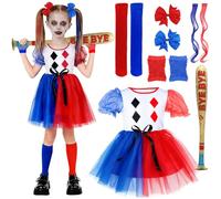 KISPATTI Disfraz Quinn Niña, Disfraz Joker Cosplay de Carnaval Halloween Niño,con Vestido,Bate de Béisbol Inflable,Accesorios para el Cabello, Pelucas para Halloween Carnaval Cosplay Fiesta
