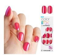KISS colorFX by imPRESS Press On Nails flotante rojo sólido con acabado nacarado Ovalado corto Adhesivo nuevo y mejorado Incluye 30 preparación d