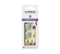 Kiss Impress No Glue Pedi Press-On Toeneils Smile verde Cara de ajedrez amarillo La forma de inquietud incluye 24 clavos preparacin de la almoha