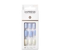 KISS Impress - Uñas a presión para manicura sin pegamento, azul claro, lavanda, purpurina blanca, tamaño corto, forma cuadrada, incluye 30 uñas, almohadilla de preparación, 1 barra de manicura, 1 mini