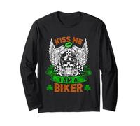 Kiss Me I'm A Biker Skull Lucky Shamrock St Patricks Day Manga Larga