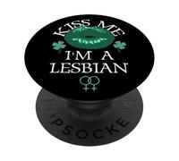 Kiss Me I'm a Lesbian St Patricks Day Green Lips Les Pride PopSockets PopGrip Adhesivo