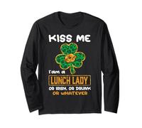 Kiss Me I'm A Lunch Lady with Shamrock St Patricks Day Manga Larga