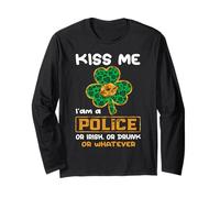 Kiss Me I'm A Police Funny Shamrock St Patricks Day Manga Larga