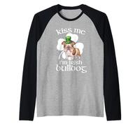 Kiss Me I'm Bulldog Dog Shamrock St Patricks Day Camiseta Manga Raglan