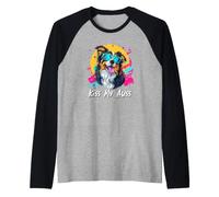 Kiss My Auss Retro 80s 90s Black Australian Shepherd Lover Camiseta Manga Raglan