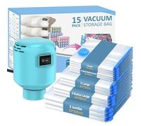 Kissleaf Bolsas de vacío para ropa edredones con bomba eléctrica, 15 unidades, para viajes, liberación rápida del aire, ahorra espacio, resistente al polvo y al agua, tamaño extra para una mayor