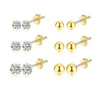 KISSPAT Juego de 6 Pares de Aretes en Plata de Ley, Circonitas Cúbicas Redondas y Bolas, Aretes Pequeños de Cartílago, Juego de Aretes para Mujeres, Niños y Niñas (3/4/5 Mm)