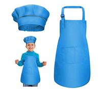 kissral Delantal Infantil + Gorro De Cocinero, Delantal De Chef De Cocina para Niños Pintura 4-12 Años L (Azul)