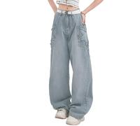 Kisswow Star Jeans Cyber Y2k - Pantalones cargo para mujer, pantalones de estrella lindos jeans para adolescentes, Pentagram 13 azul con cinturón, Small