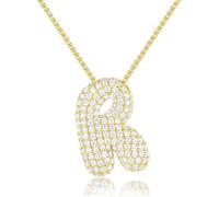 KissYan Collar con letra de burbuja, chapado en oro de 14 quilates, con colgante de inicia de globo, collar de cadena con circonita cúbica, regalo para mujeres y niñas, Latón, Circonia cúbica