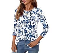 Kistore Camiseta de manga larga para mujer 2025 Moda Cuello Redondo Plisado Túnica Tops Otoño Invierno Blusa ligera S-XXL, Flores azules vintage, M