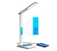 Kisufu, lámpara de escritorio LED con cargador inalámbrico de 10 W, puerto de carga USB, lámpara de escritorio plegable con alarma de temperatura y calendario para dormitorio, libro, decoración de