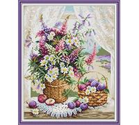Kit 14CT - Juego de bordado de punto de cruz (estampado para hacer yo mismo, gama completa de kits de inicio para principiantes, cesta de flores para alféizar de ventana, 40 x 48 cm)