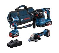 Kit 3 herramientas BOSCH 18V Taladro Destornillador GSR18V-55 + Perforador GHB18V-22 + Amoladora GWS18V-7 + 3 baterías 18V - 4 + Cargador GAL 18V-40 + Bolsa