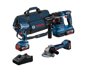 Kit 3 herramientas BOSCH 18V Taladro Destornillador GSR18V-55 + Perforador GHB18V-22 + Amoladora GWS18V-7 + 3 baterías 18V - 4 + Cargador GAL 18V-40 + Bolsa