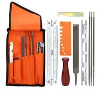 Kit Afilador para Cadena de Motosierra Afilador de Cadena de Sierra Kit con Limas Redondas, Mango de Madera, Lima Plano, Calibrador de Profundidad, Guía, Bolsa de Herramientas y Cepillo 11Pcs