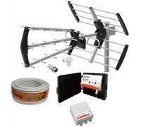 Kit Antena TV TECATEL + Amplificador 30 dB + Fuente Alimentación 2 Salidas + Conexiones + 20m Cable