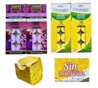 Kit Antimosquitos Natural - 40 Velas Citronela y Lavanda + Gel Repelente | Velas Antimosquitos Interior y Exterior | Ahuyentador Moscas y Mosquitos sin Químicos - Repelente Natural Insectos
