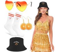 kit Aperol Spritz: Gorro de Pescador Naranja/Negro y Gafas Sol Corazón y Pendientes de Rodaja de Naranja y Calcetines (T36-42) - Accesorios Festivos para Fiestas de Verano, Carnaval y Cocktails (B)