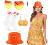 kit Aperol Spritz: Gorro de Pescador Naranja/Negro y Gafas Sol Corazón y Pendientes de Rodaja de Naranja y Calcetines (T36-42) - Accesorios Festivos para Fiestas de Verano, Carnaval y Cocktails (A)