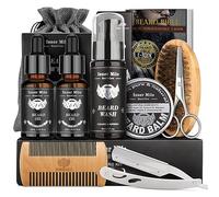 Kit Barba para Hombre, Kit Cuidado Barba Completo, Cumpleaños Navidad Set Regalos para Hombre Papá Novio con 40ML Aceites para Barba, Cepillo - Peine - Champú - Bálsamo Barba y Navaja de Afeitar