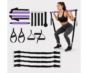 Kit Barra Pilates Relaxdays, Color a Elegir | 4 bandas, 30-160 lbs, asas, estribos, anclaje puerta, bolsa, barra Pilates