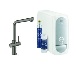 Kit básico monomando de fregadero Grohe Blue Home, 221 mm de alcance, caños en L, con filtro y función de refrigeración, 31454AL1, Color: grafito duro cepillado