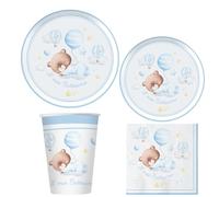 Kit bautizo Baby Bear Celeste, con platos, vasos, servilletas y mantel, ideal para una fiesta delicada y festiva para el bautismo de tu hijo - Varzi desde 1956 (kit 36 personas)